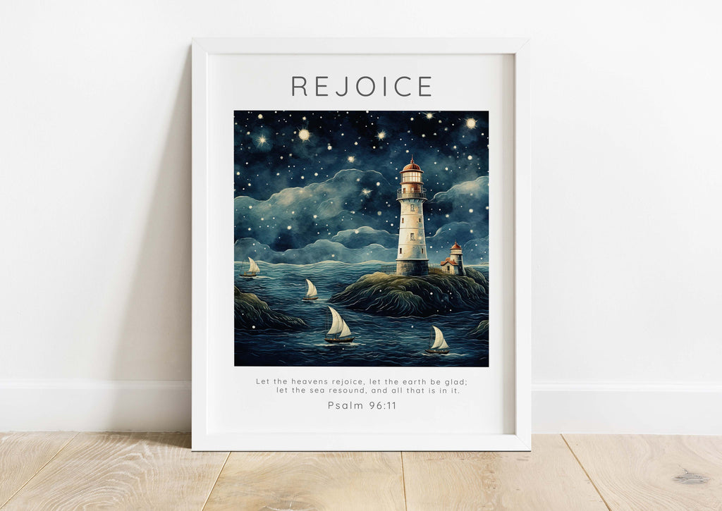 Tranquil nautical scene with scripture, Psalm 96:11 themed lighthouse wall print, Calming seascape with scripture reflection