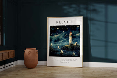 Faithful seascape scripture artwork, Guiding light of Psalm 96:11 artwork, Reflective ocean scene with scripture