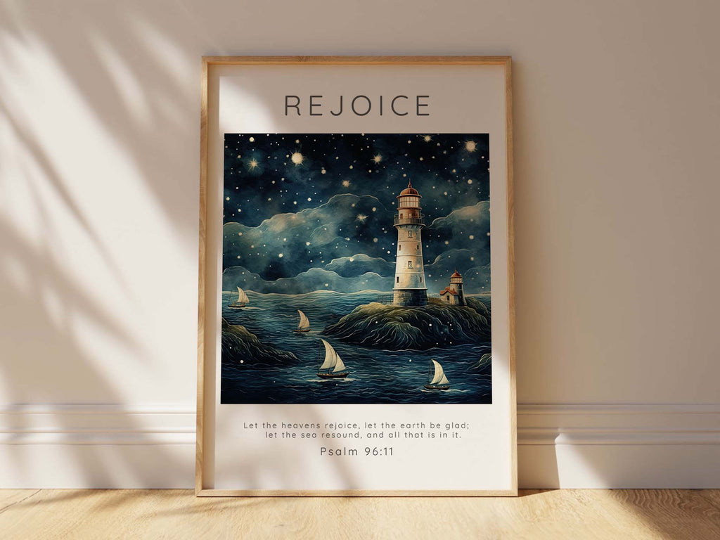 Let the Heavens Rejoice Lighthouse Scripture Print, Psalm 96 Poster, Tranquil ocean scene with Psalm 96, Christian wall art