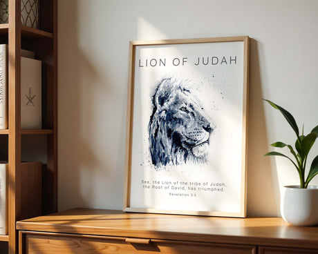 Watercolour art print of a regal lion with the heading "Lion of Judah" and Revelation 5:5 scripture: "See, the Lion of the tribe of Judah... has triumphed."