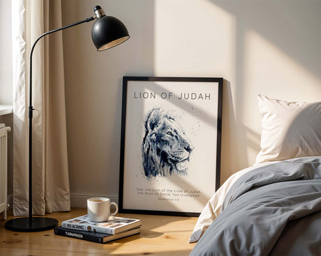 Majestic Christian wall art featuring a lion symbolising the Lion of Judah, with bold scripture from Revelation 5:5 beneath in elegant typography.