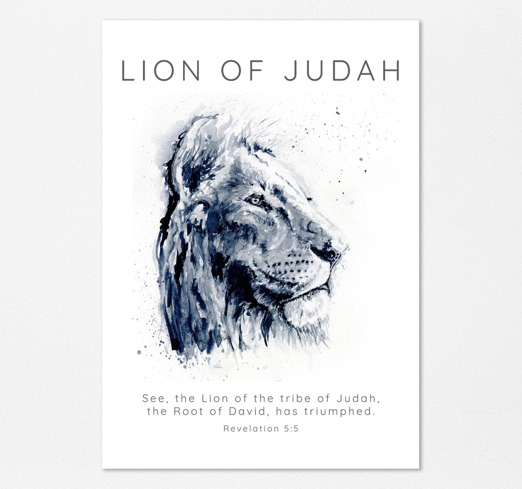Unique Christian Home Decor: Lion of Judah Bible Verse Art, Artistic Watercolor Lion Portrait with Triumph Scripture
