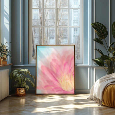 Botanical lotus art print with soft pink petals and a golden centre, set on a blue painted background.