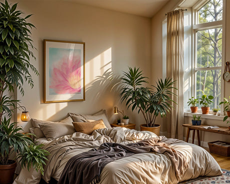 Peaceful lotus bloom with delicate pink petals and a bright yellow centre on blue.