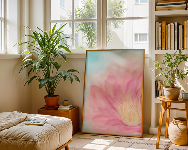 Pink lotus painting with soft gradients and a golden centre, contrasted by a cool blue background.