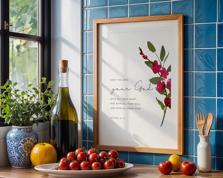 Matthew 22:37 Christian art print with burgundy floral design, inspirational scripture for any living space.