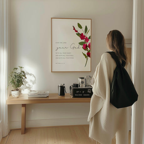 Elegant Bible verse print with burgundy orchid, encouraging Christian faith and devotion in everyday life.