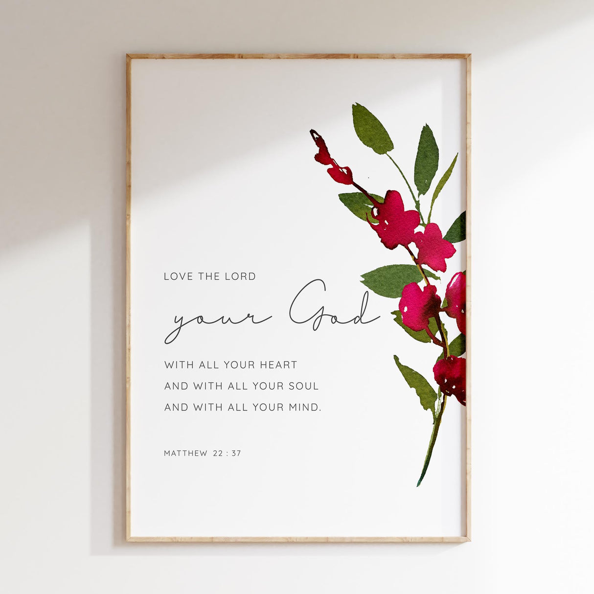 Uplifting scripture wall art featuring Matthew 22:37 and orchid design, perfect for home or Christian gifts.
