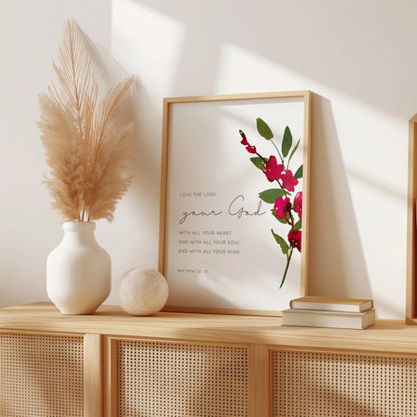 Burgundy orchid Bible verse print featuring Matthew 22:37 scripture, perfect for Christian wall decor and gifts.