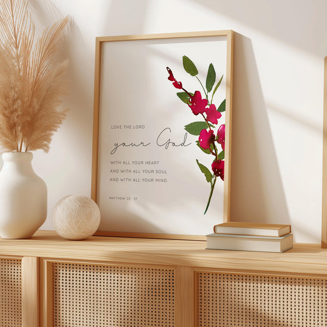 Burgundy orchid Bible verse print featuring Matthew 22:37 scripture, perfect for Christian wall decor and gifts.