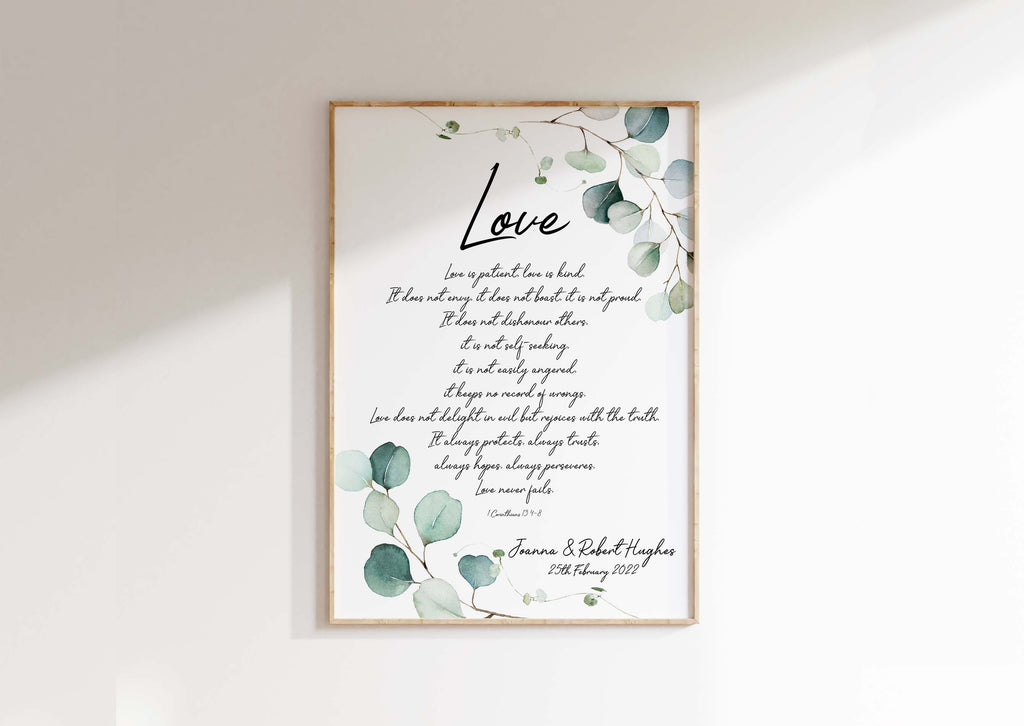 Unique personalised Bible verse gift, NIV Bible quote in botanical style, Custom love-themed wall decor