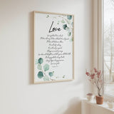 Botanical Bible verse print with elegant green foliage surrounding a passage from 1 Corinthians 13.

