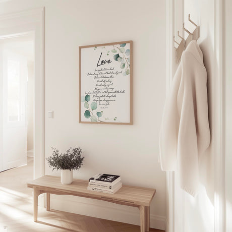 1 Corinthians 13 Bible verse print with botanical leaves and the words love is patient, love is kind in elegant script.