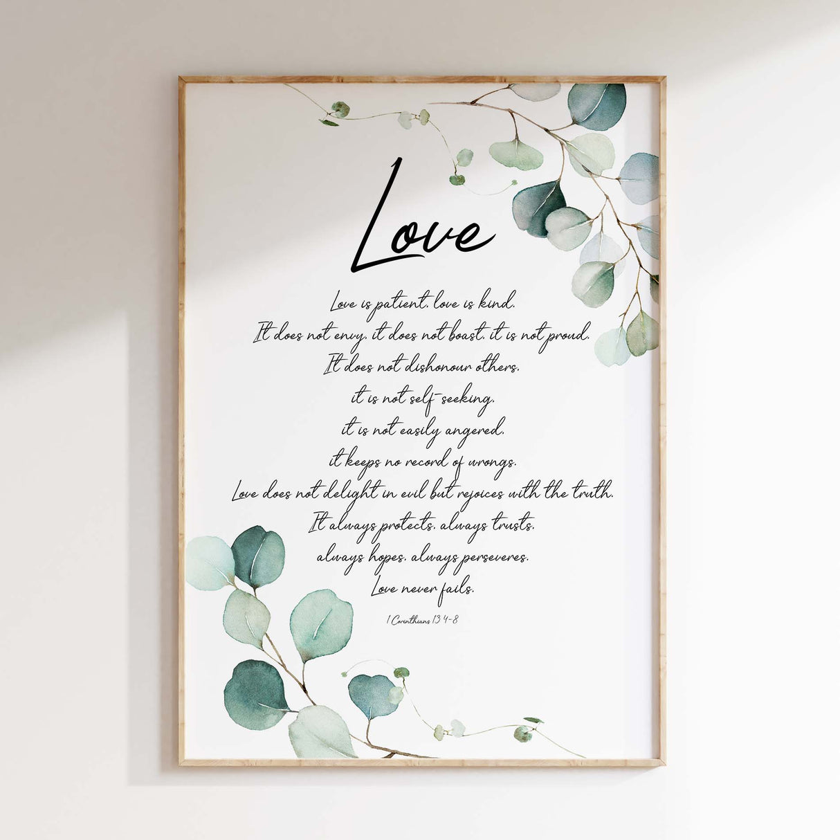 Love is patient love is kind scripture print with nature-inspired illustrations and modern Christian design.