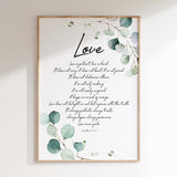 Love is patient love is kind scripture print with nature-inspired illustrations and modern Christian design.