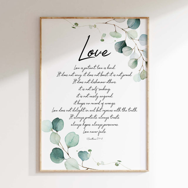 Love is patient love is kind scripture print with nature-inspired illustrations and modern Christian design.