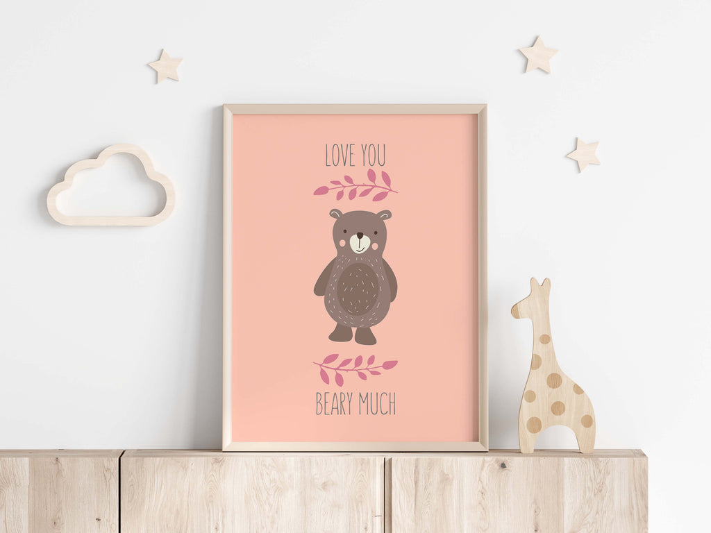 Transform your nursery with an adorable bear print on a peachy background - 'Love You Beary Much' - radiating warmth and love