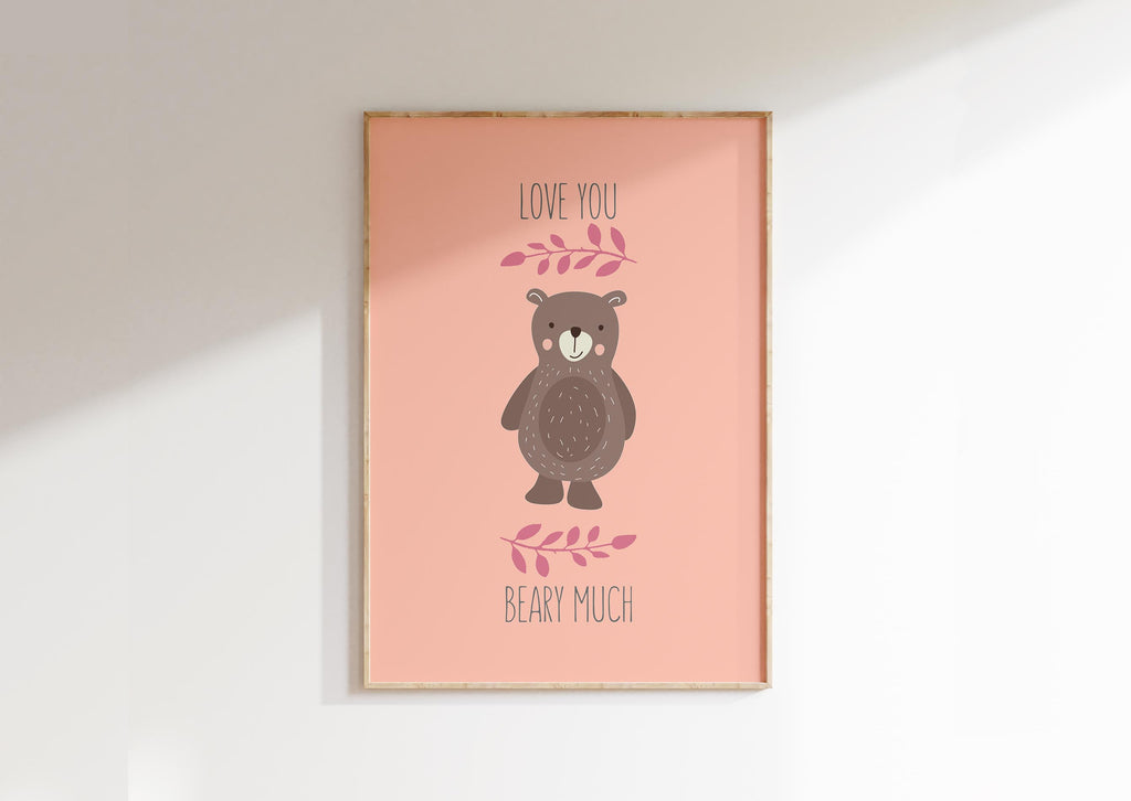 Adorn your nursery walls with a bear on peachy backdrop, surrounded by the affectionate words 'Love You Beary Much.