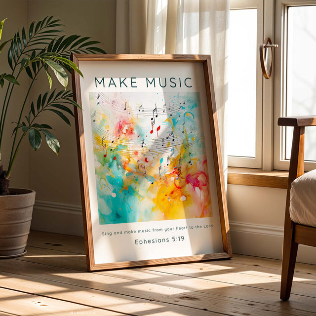 Modern Christian wall art featuring Ephesians 5:19 with the verse “Sing and make music from your heart to the Lord” and vibrant music-themed design.