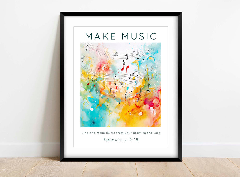 Inspirational wall art for believers with music motif, Abstract Christian print with Ephesians 5:19 quote, abstract Christian wall art