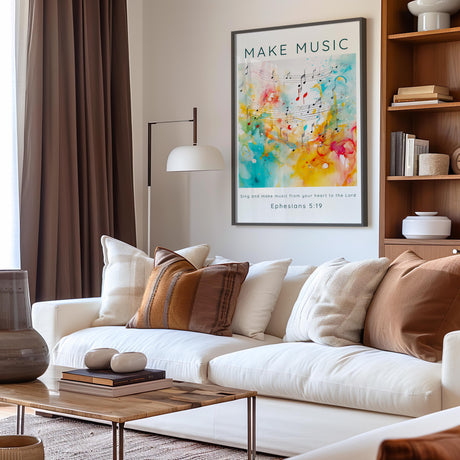 Inspirational Bible verse print with abstract musical elements and the scripture from Ephesians 5:19 displayed boldly at the bottom.