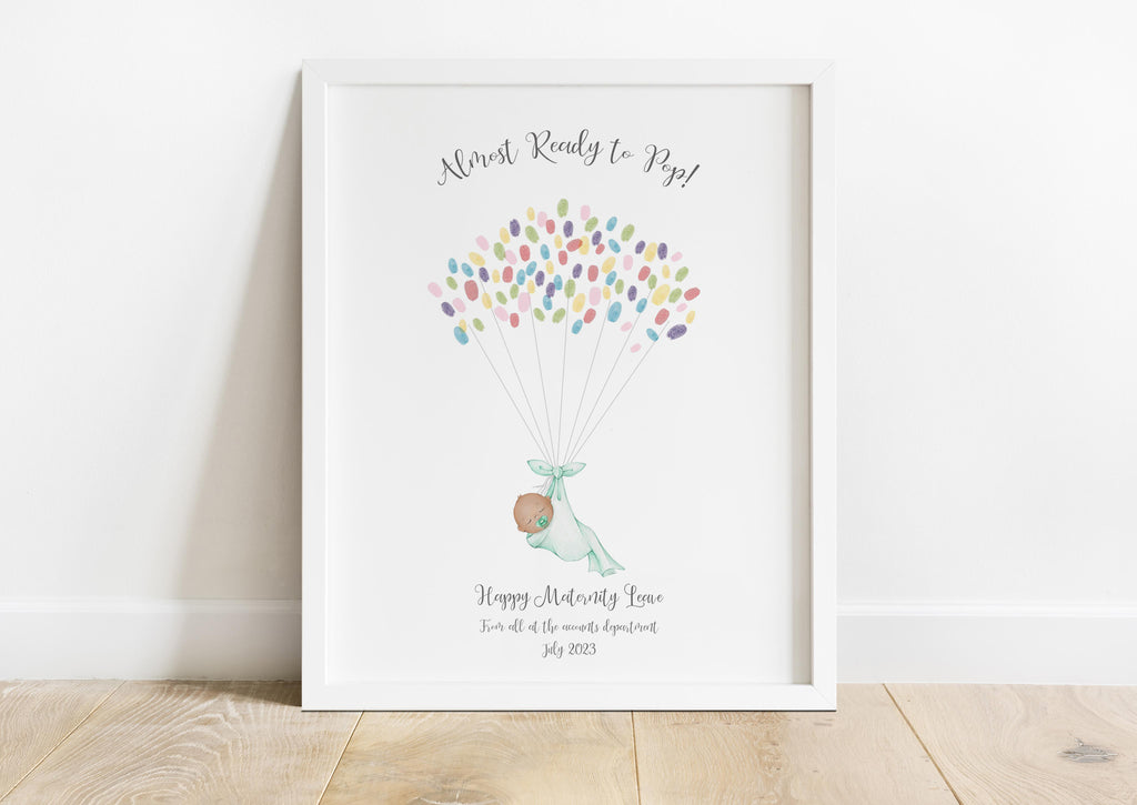 pregnant colleague gift, "Almost Ready to Pop" fingerprint print for maternity leave gift, personalised maternity leave gift