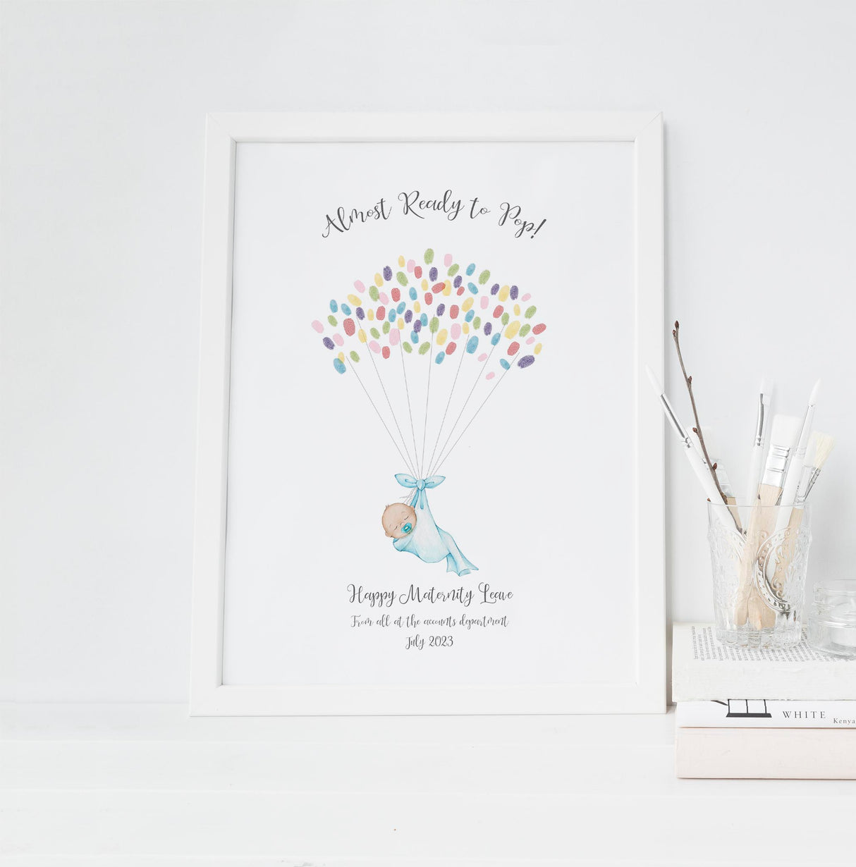 Customizable maternity leave gift with colleagues' fingerprints, Swaddled baby print with personalized message for coworker's maternity leave