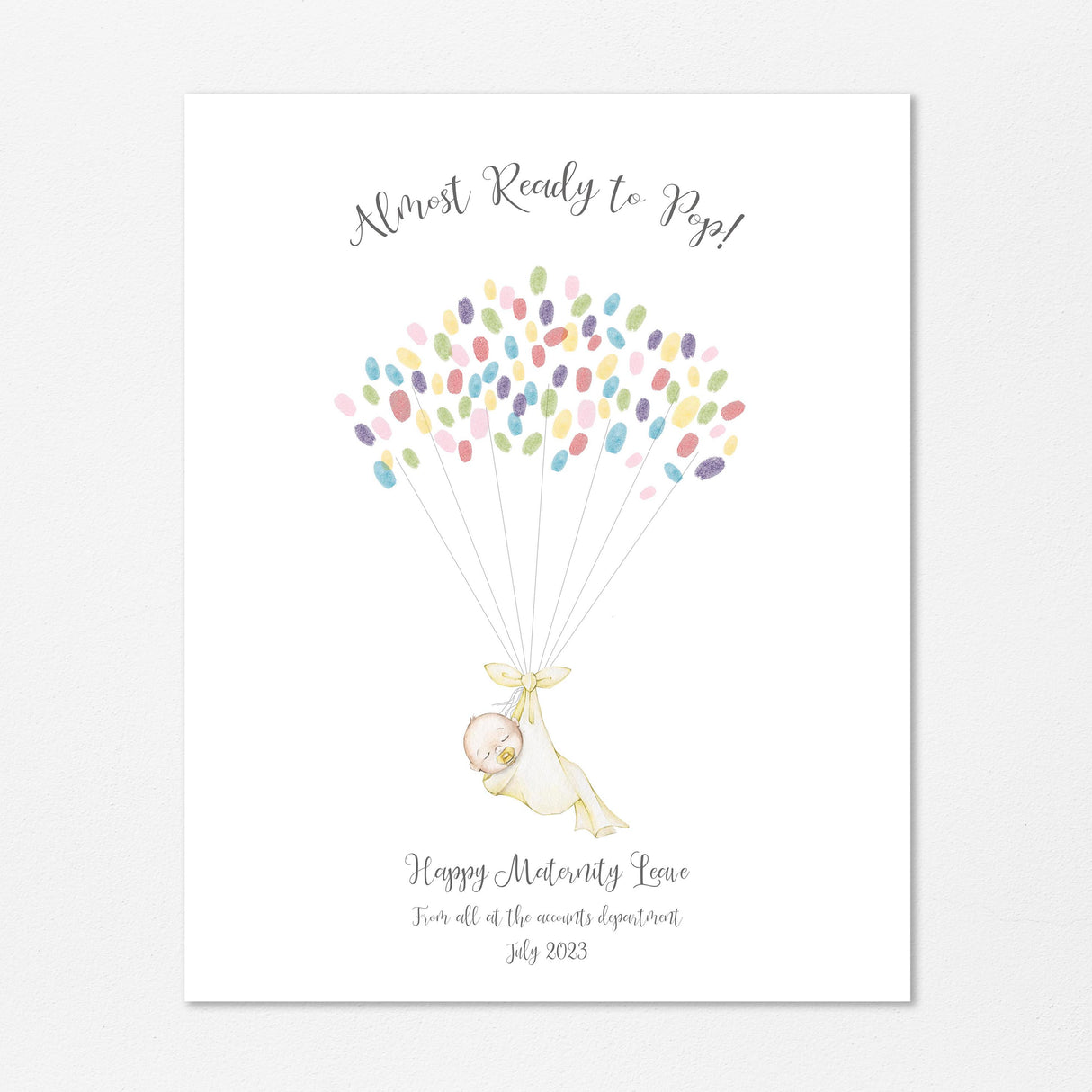 Personalized keepsake for coworker's maternity leave with fingerprint balloonsm, Unique office gift idea: Swaddled baby print