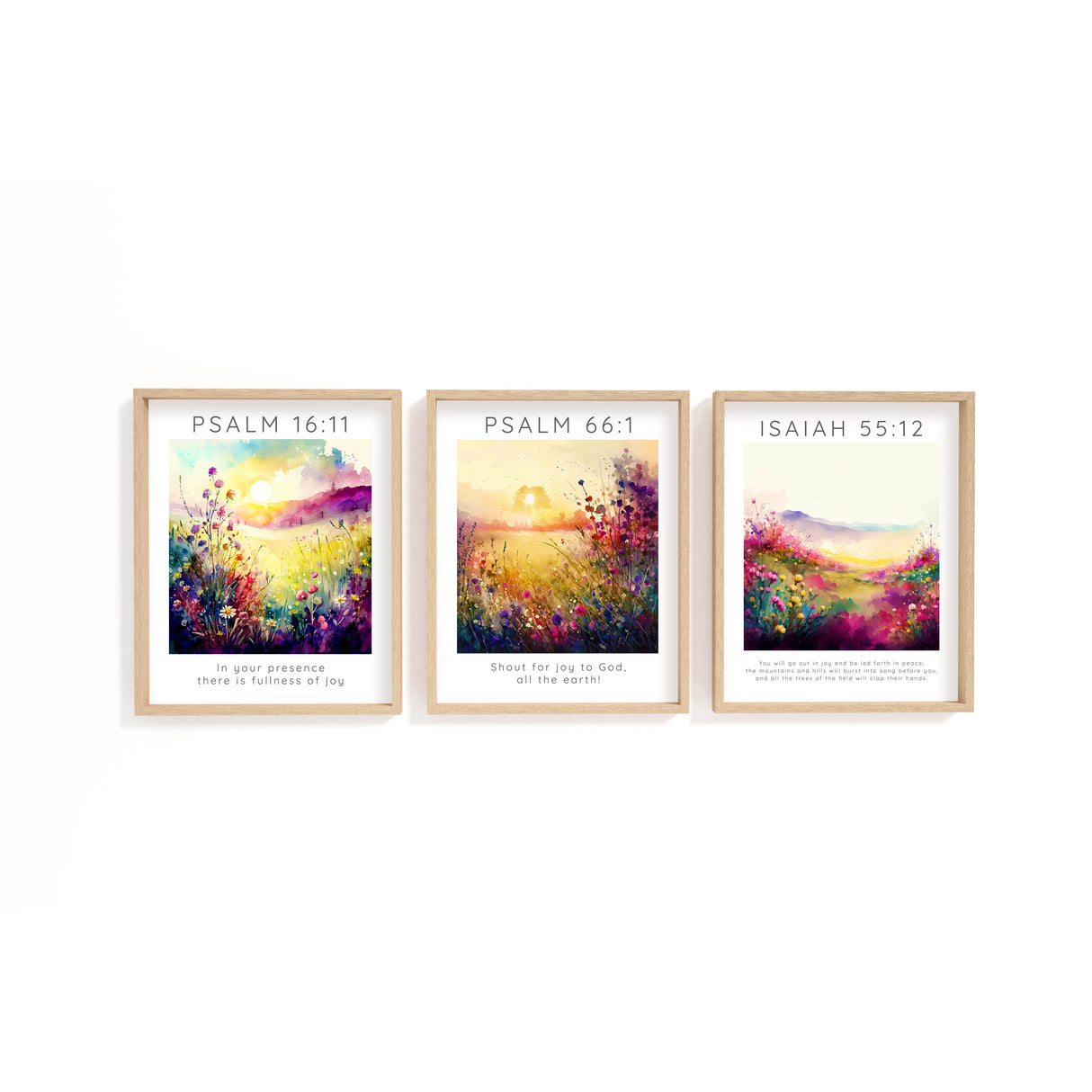 Bible verse print set with floral meadows and joyful scriptures. Three Christian prints featuring wildflower landscapes and Bible verses