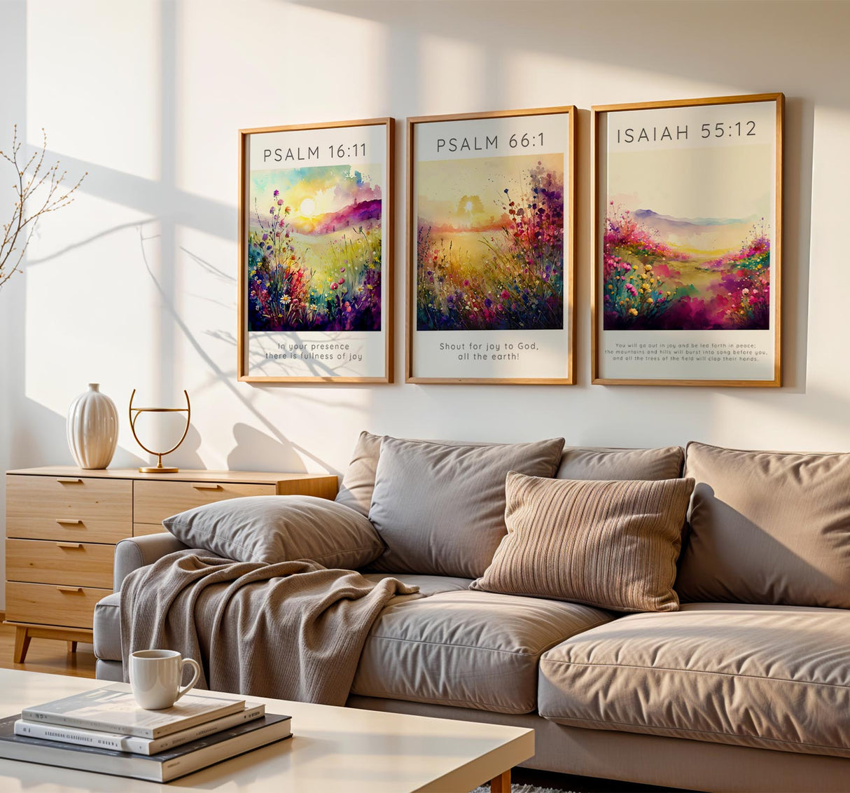 Psalm 16:11 print with soft meadow flowers and elegant lettering. Floral Bible verse wall art with “In your presence there is fullness of joy”