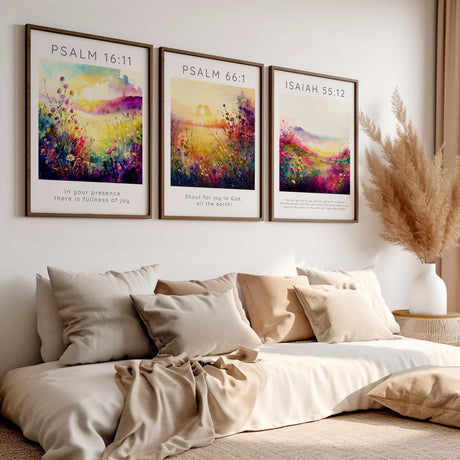Psalm 66:1 Bible art with blooming wildflowers and joyful typography. Vibrant flower meadow print with “Shout for joy to God, all the earth!”