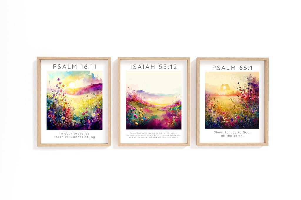 Psalm 16:11 verse print for home decor, Inspirational Bible verse triptych with flower meadows, Bible verses about joy
