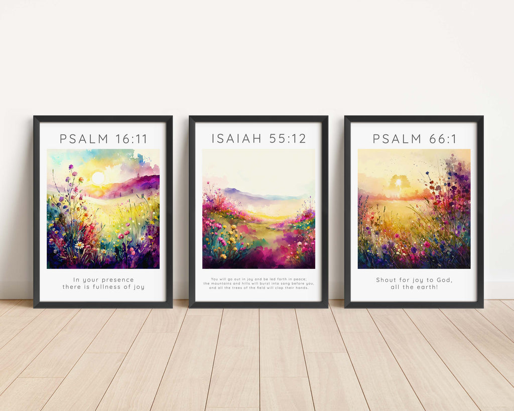 Elegant designed Christian wall decor with verses, Flower meadow scripture prints in various sizes