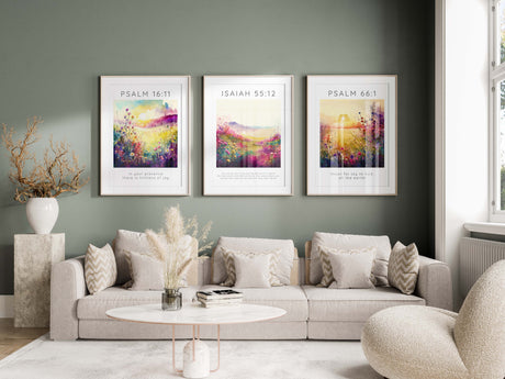 Thoughtful housewarming gift: Isaiah 55:12 verse art, Harmonious decor featuring Psalm 66:1 in meadow scenes