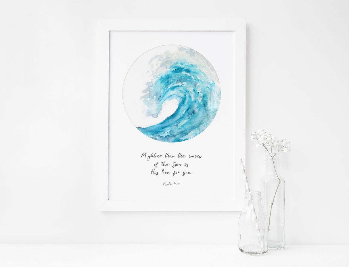 Turquoise Psalm 93:4 Bible Verse Print with Watercolour Wave, Inspirational Turquoise Wave Bible Verse Print, custom quote print