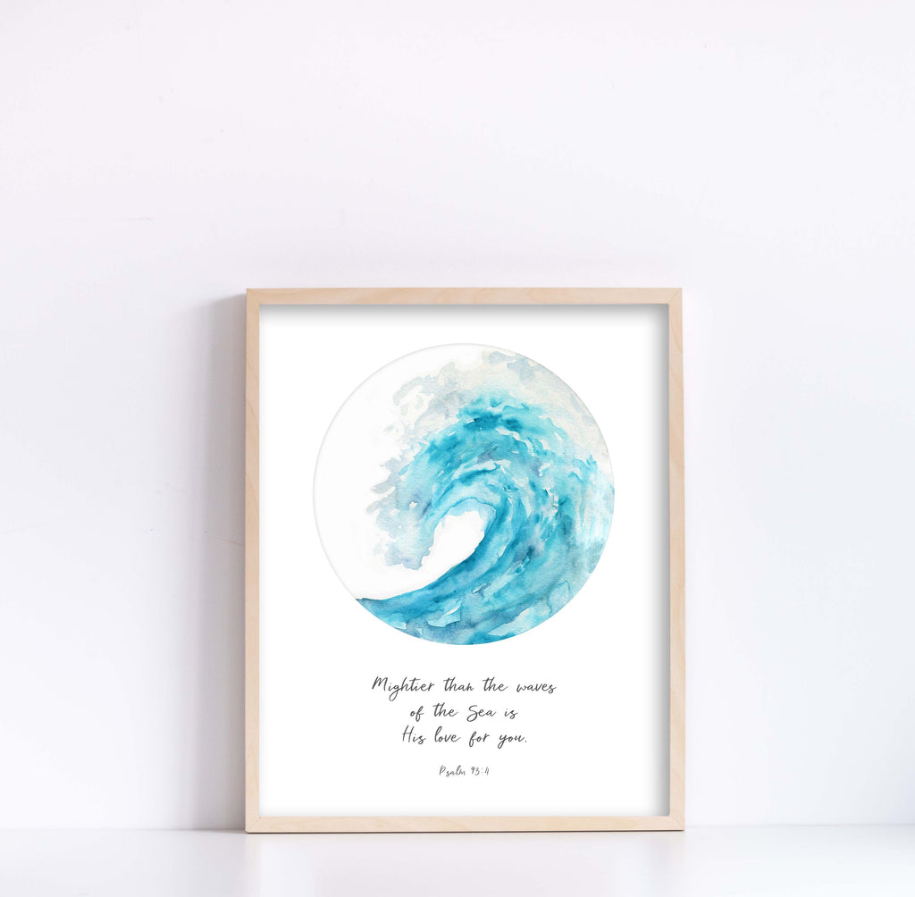 Serenity in Turquoise: Psalm 93:4 Watercolour Wave Print, Turquoise Coloured Psalm 93:4 Print: A Visual Delight, custom quote poster