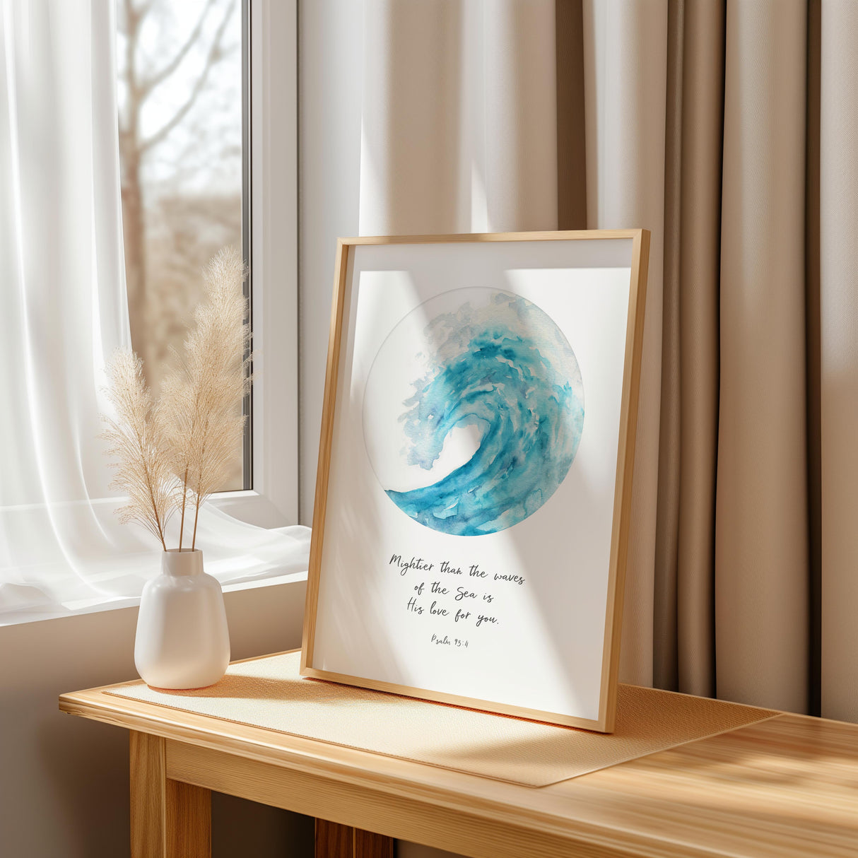 Christian Bible verse wall art with soft turquoise wave design and inspiring Psalm 93:4 quote for home decor.