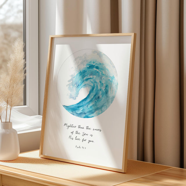 Christian Bible verse wall art with soft turquoise wave design and inspiring Psalm 93:4 quote for home decor.