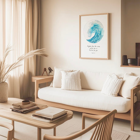 Coastal-style Christian art print featuring “Mightier than the waves” verse from Psalm 93:4 on a sea-inspired background.