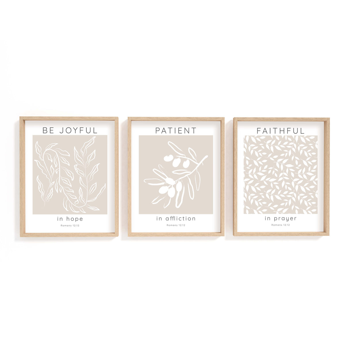 Three-piece botanical scripture print with Romans 12:12 verse to inspire faith and encouragement.