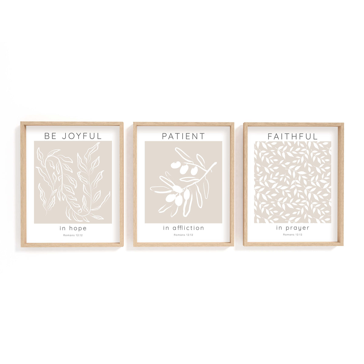 Three-piece botanical scripture print with Romans 12:12 verse to inspire faith and encouragement.