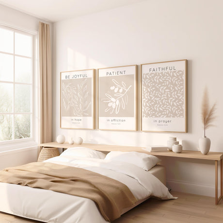 Be joyful in hope wall art with leaves illustration and powerful Christian reminder for the home.