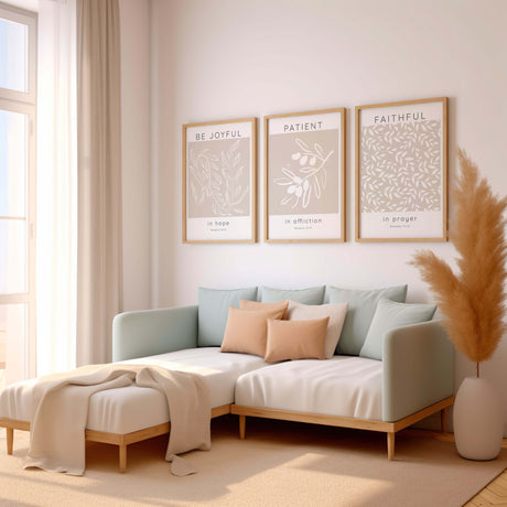 Neutral beige and white Romans 12:12 triptych with botanical leaves and faith-filled scripture quotes.