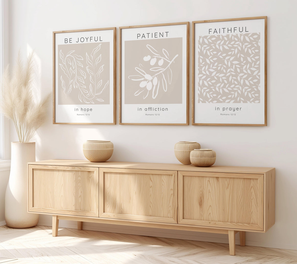 Christian wall art set with hopeful Bible verses about patience and prayer in calming neutral tones.

