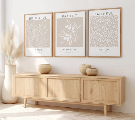 Christian wall art set with hopeful Bible verses about patience and prayer in calming neutral tones.

