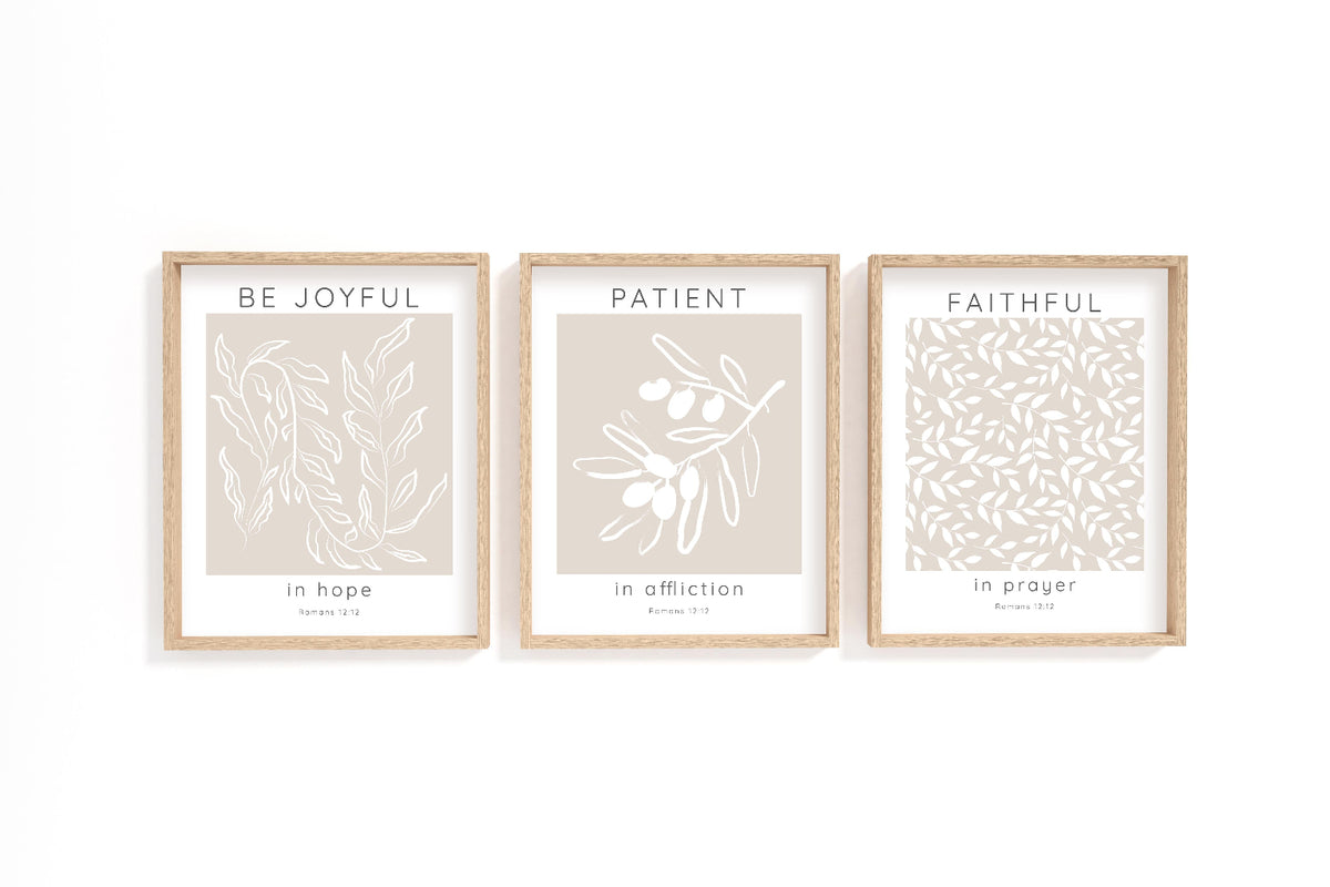 Three-piece botanical scripture print with Romans 12:12 verse to inspire faith and encouragement.