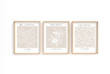 Three-piece botanical scripture print with Romans 12:12 verse to inspire faith and encouragement.