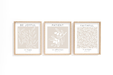 Three-piece botanical scripture print with Romans 12:12 verse to inspire faith and encouragement.