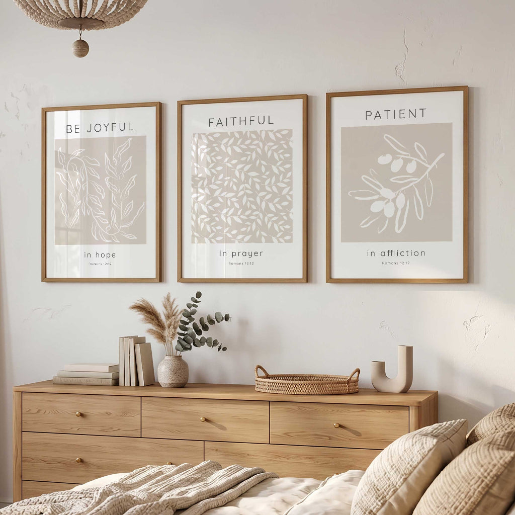 Christian wall art set with hopeful Bible verses about patience and prayer in calming neutral tones.

