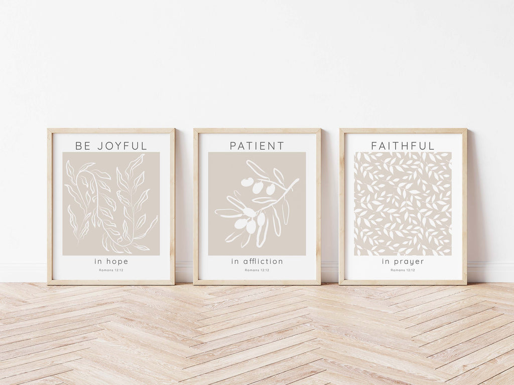 Botanical Leaf Motif Wall Art with Romans 12:12, Christian Scripture Wall Decor in Neutral Colors, Patient in Affliction Romans 12:12 Art